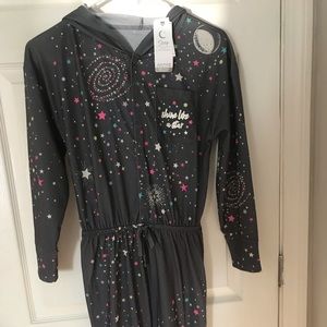 Justice one piece pajama. Girls size 10. Gray with colorful stars.
